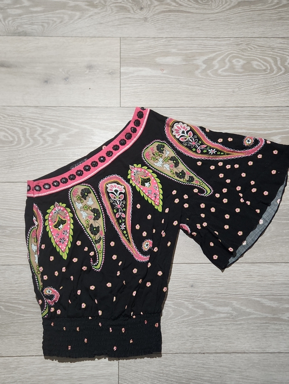 Y2k Vintage Rampage black Paisley women's Blouse One Shoulder Angel Sleeve S